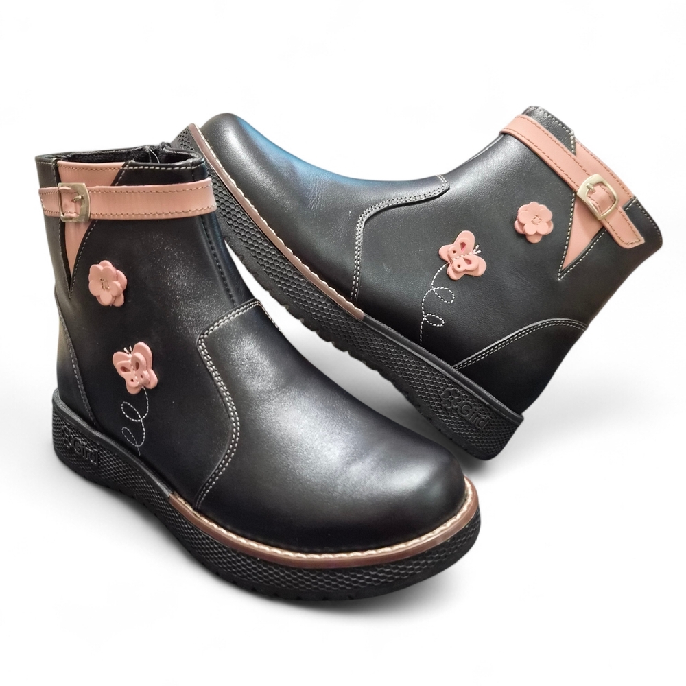Black Leather Ankle Boots Pink Floral Accents Size 4 (Big Girl)